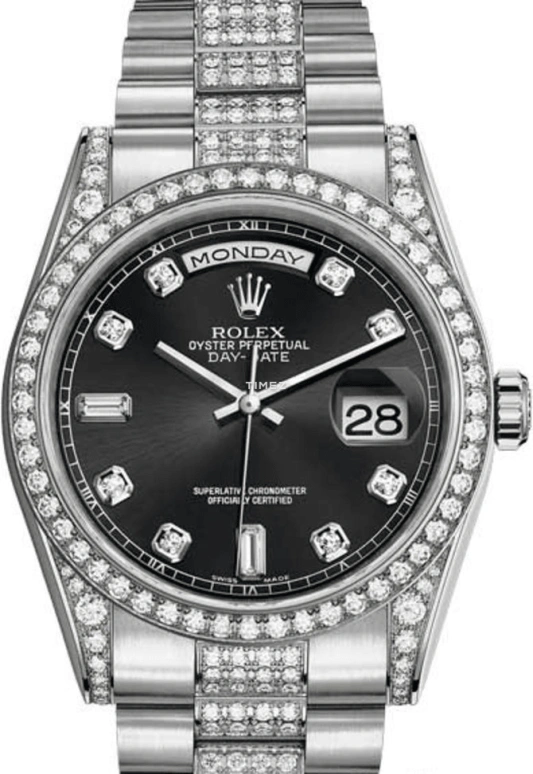 Rolex,Day-Date 36 36mm,36mm,White Gold,Black,Automatic,Date,Day,118389,118389-0022