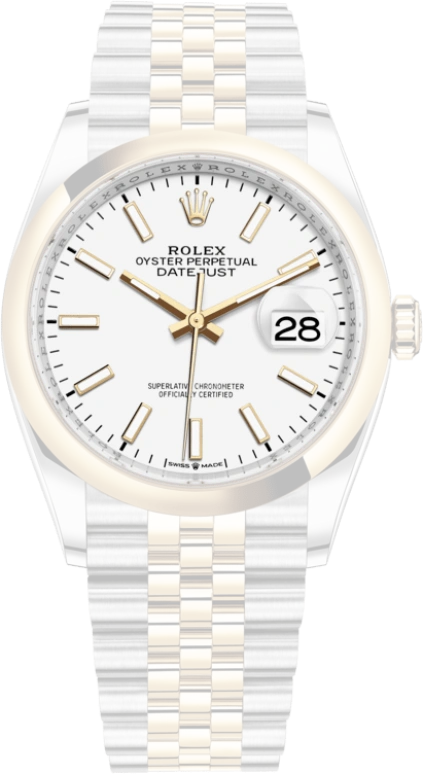 Rolex,Datejust 36 36mm,36mm,Yellow Gold,Stainless Steel,White,Automatic,Day,70hours,126203,126203-0019