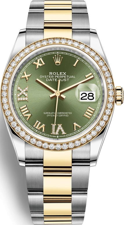 Rolex,Datejust 36 36mm,36mm,Yellow Gold,Stainless Steel,Green,Automatic,Day,70hours,126283RBR,126283RBR-0012