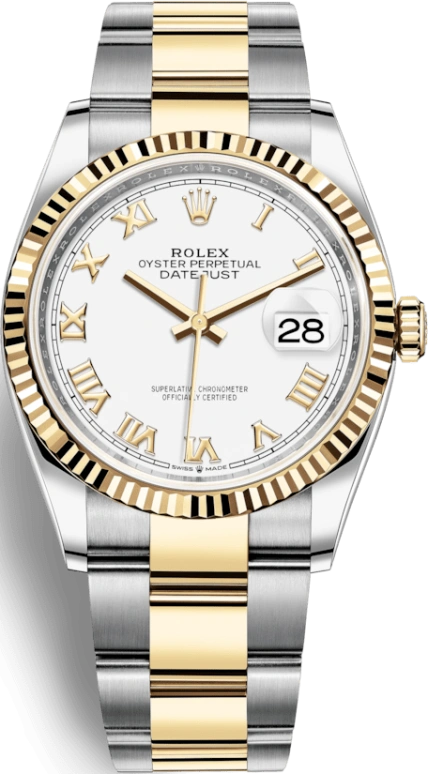 Rolex,Datejust 36 36mm,36mm,Yellow Gold,Stainless Steel,White,Automatic,Day,70hours,126233,126233-0030