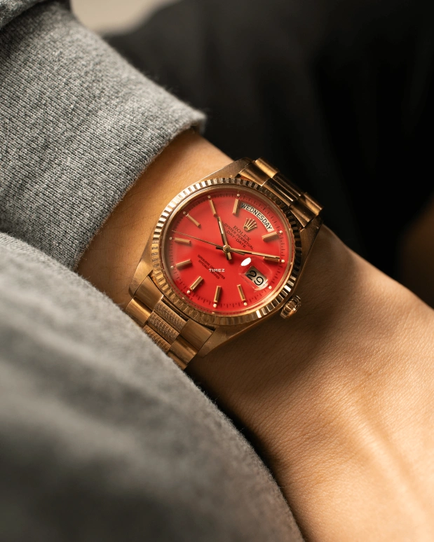 Rolex,Day-Date 36 36mm,36mm,Yellow Gold,Red,Automatic,Date,Day,1803 Stella Coral Red President