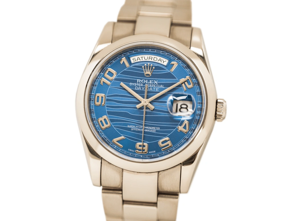 Rolex,Day-Date 36 36mm,36mm,White Gold,Blue,Automatic,Date,Day,118209,118209-Blue Wave