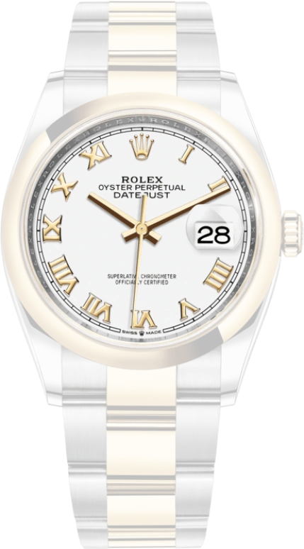 Rolex,Datejust 36 36mm,36mm,Yellow Gold,Stainless Steel,White,Automatic,Day,70hours,126203,126203-0030