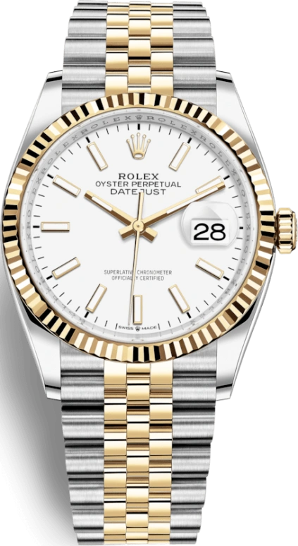 Rolex,Datejust 36 36mm,36mm,Yellow Gold,Stainless Steel,White,Automatic,Day,70hours,126233,126233-0019
