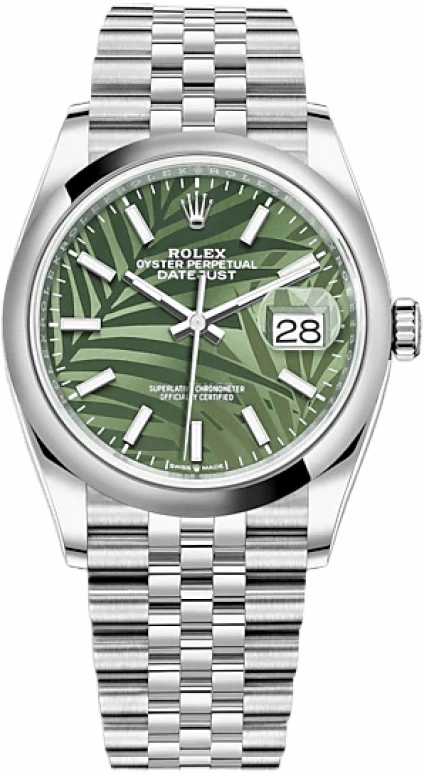Rolex,Datejust 36 36mm,36mm,Stainless Steel,Green,Automatic,Day,70hours,126200,126200-0019