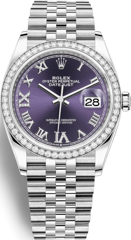 Rolex,Datejust 36 36mm,36mm,White Gold,Stainless Steel,Purple,Automatic,Day,70hours,126284RBR,126284RBR-0013