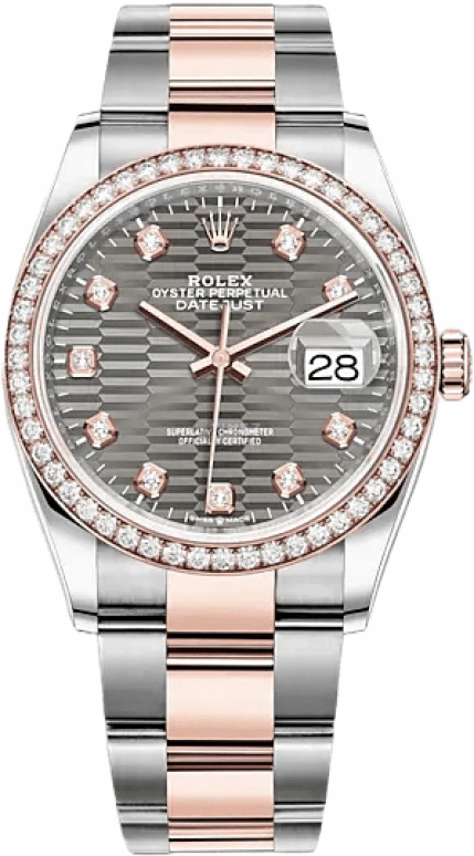 Rolex,Datejust 36 36mm,36mm,Rose Gold,Stainless Steel,Grey,Automatic,Day,70hours,126281RBR,126281RBR-0030