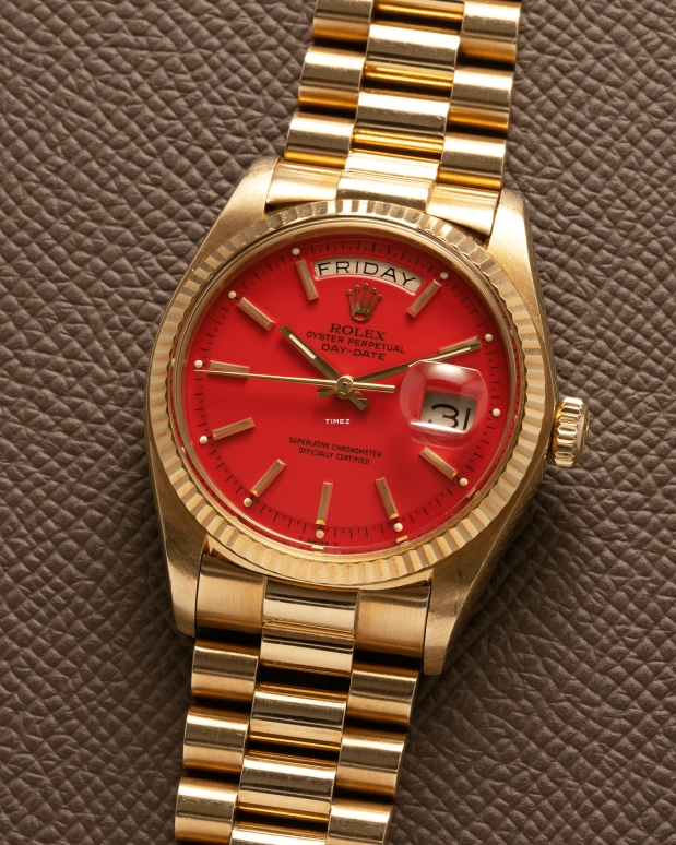 Rolex,Day-Date 36 36mm,36mm,Yellow Gold,Red,Automatic,Date,Day,1803 Stella Coral Red President