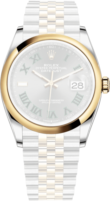 Rolex,Datejust 36 36mm,36mm,Yellow Gold,Stainless Steel,Grey,Automatic,Day,70hours,126203,126203-0035