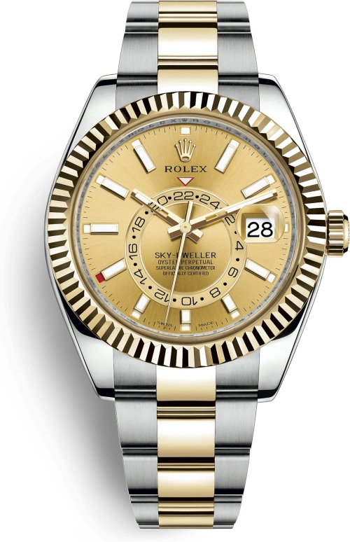 Rolex,Sky-Dweller 42mm,42mm,Yellow Gold,Stainless Steel,Champagne,Automatic,Annual Calendar,Month,Date,326933,326933-0001