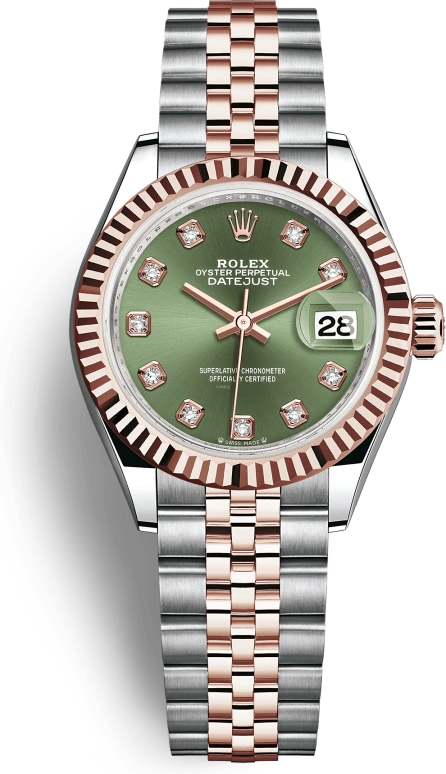 Rolex,Lady-Datejust 28mm,28mm,Rose Gold,Stainless Steel,Green,Automatic,Day,55hours,279171,279171-0007