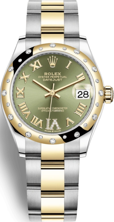 Rolex,Datejust 31 31mm,31mm,Yellow Gold,Stainless Steel,Green,Automatic,Day,55hours,278343RBR,278343RBR-0015