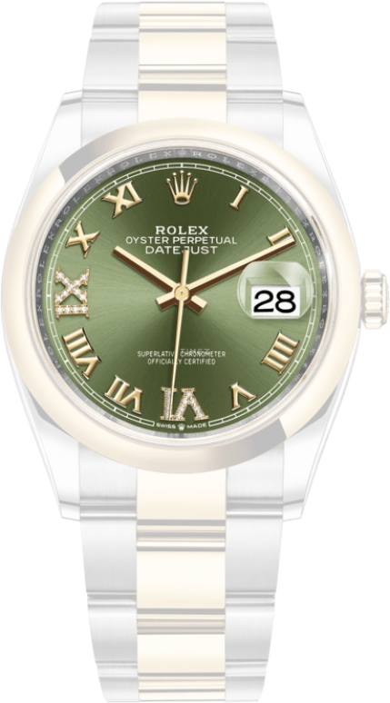 Rolex,Datejust 36 36mm,36mm,Yellow Gold,Oystersteel,Green,Automatic,Day,70hours,126203,126203-0026