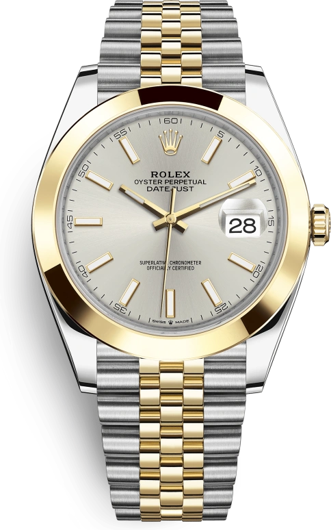 Rolex,Datejust 41 41mm,41mm,Yellow Gold,Stainless Steel,Silver,Automatic,Day,70hours,126303,126303-0002
