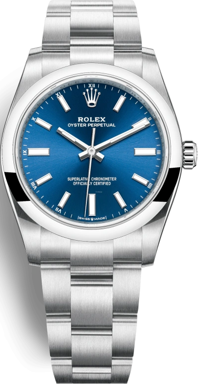 Rolex,Oyster Perpetual 34mm,34mm,Stainless Steel,Blue,Automatic,55hours,In-house Caliber,124200,124200-0003