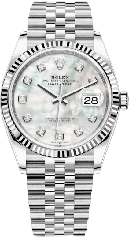 Rolex,Datejust 36 36mm,36mm,White Gold,Oystersteel,White,Automatic,Day,70hours,126234,126234-0019