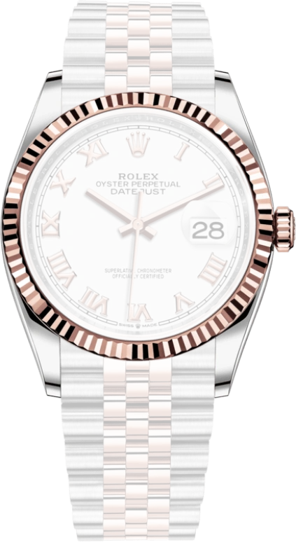 Rolex,Datejust 36 36mm,36mm,Rose Gold,Stainless Steel,White,Automatic,Day,70hours,126231,126231-0015
