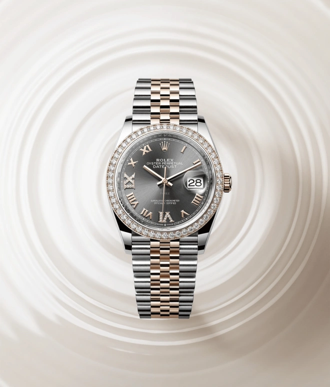 Rolex,Datejust 36 36mm,36mm,Rose Gold,Stainless Steel,Grey,Automatic,Day,70hours,126281RBR,126281RBR-0011