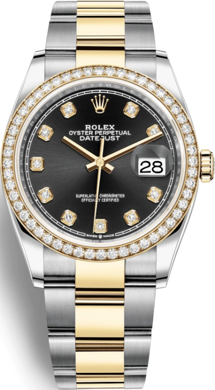 Rolex,Datejust 36 36mm,36mm,Yellow Gold,Stainless Steel,Black,Automatic,Day,70hours,126283RBR,126283RBR-0008