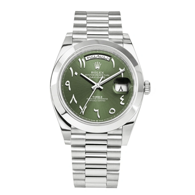 Rolex,Day-Date 40 40mm,40mm,Platinum,Green,Automatic,Date,Day,Chicharito Hernández,Tom Terrific,Comeback Kid,Tom Brady,228206,228206-004
