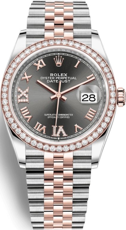 Rolex,Datejust 36 36mm,36mm,Rose Gold,Stainless Steel,Grey,Automatic,Day,70hours,126281RBR,126281RBR-0011