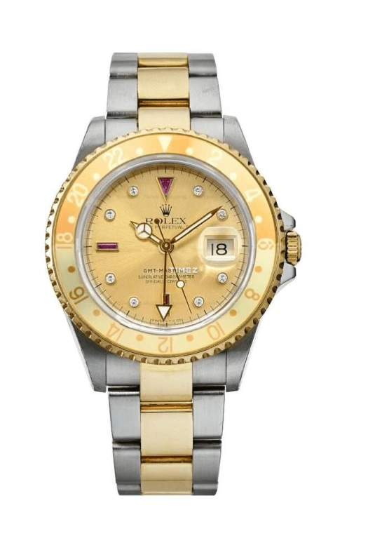 Rolex,GMT-Master II 40mm,40mm,Oystersteel,Yellow Gold,Gold,Automatic,Day,Dule Time,Jason Momoa,16713 ROOTBEER SERTI DIAL