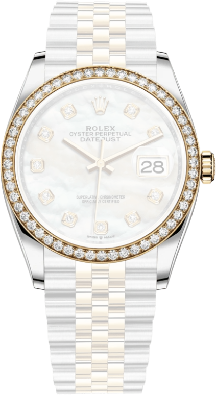 Rolex,Datejust 36 36mm,36mm,Yellow Gold,Stainless Steel,White,Automatic,Day,70hours,126283RBR,126283RBR-0009