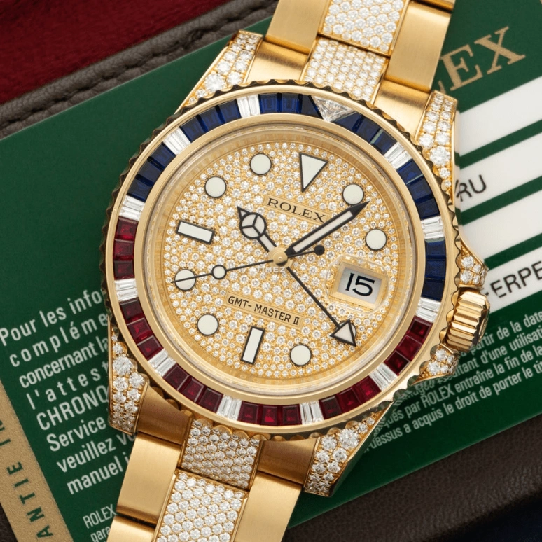 Rolex,GMT-Master II 40mm,40mm,Yellow Gold,Silver,Gold,Automatic,Day,Dule Time,116758SARU,116758SARU-Pave Diamond