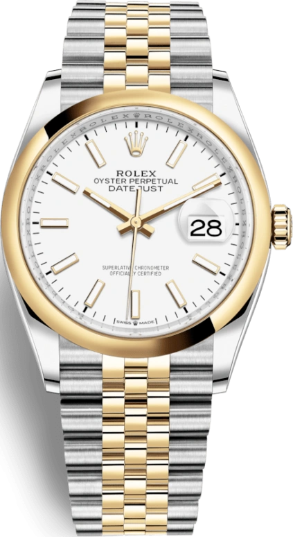 Rolex,Datejust 36 36mm,36mm,Yellow Gold,Stainless Steel,White,Automatic,Day,70hours,126203,126203-0019