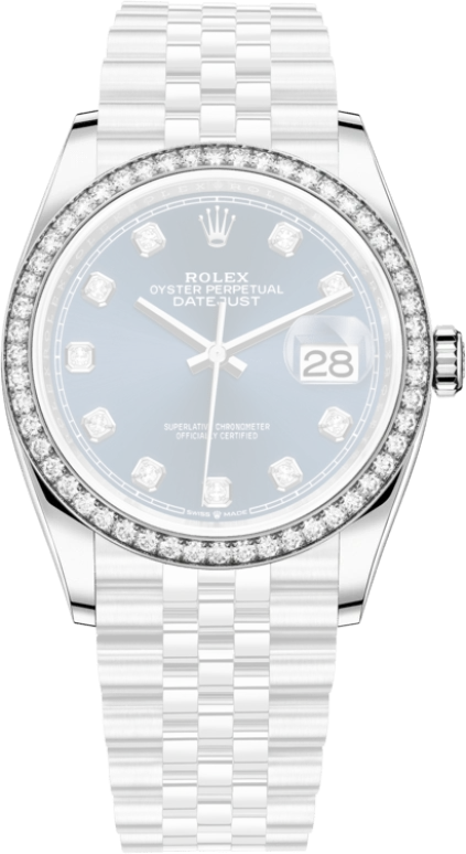 Rolex,Datejust 36 36mm,36mm,White Gold,Stainless Steel,Blue,Automatic,Day,70hours,126284RBR,126284RBR-0029