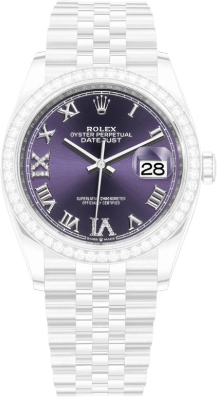Rolex,Datejust 36 36mm,36mm,White Gold,Stainless Steel,Purple,Automatic,Day,70hours,126284RBR,126284RBR-0013