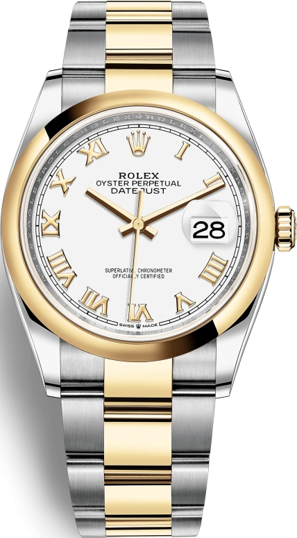 Rolex,Datejust 36 36mm,36mm,Yellow Gold,Stainless Steel,White,Automatic,Day,70hours,126203,126203-0030