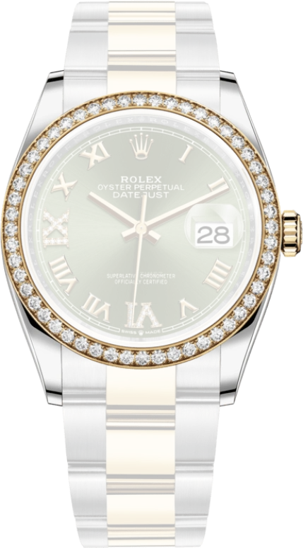 Rolex,Datejust 36 36mm,36mm,Yellow Gold,Stainless Steel,Green,Automatic,Day,70hours,126283RBR,126283RBR-0012