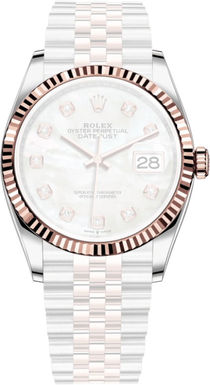 Rolex,Datejust 36 36mm,36mm,Rose Gold,Stainless Steel,White,Automatic,Day,70hours,126231,126231-0021