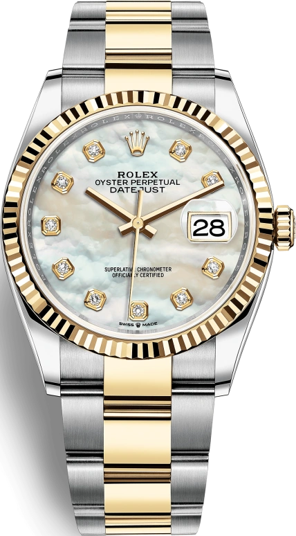 Rolex,Datejust 36 36mm,36mm,Yellow Gold,Stainless Steel,White,Automatic,Day,70hours,126233,126233-0024