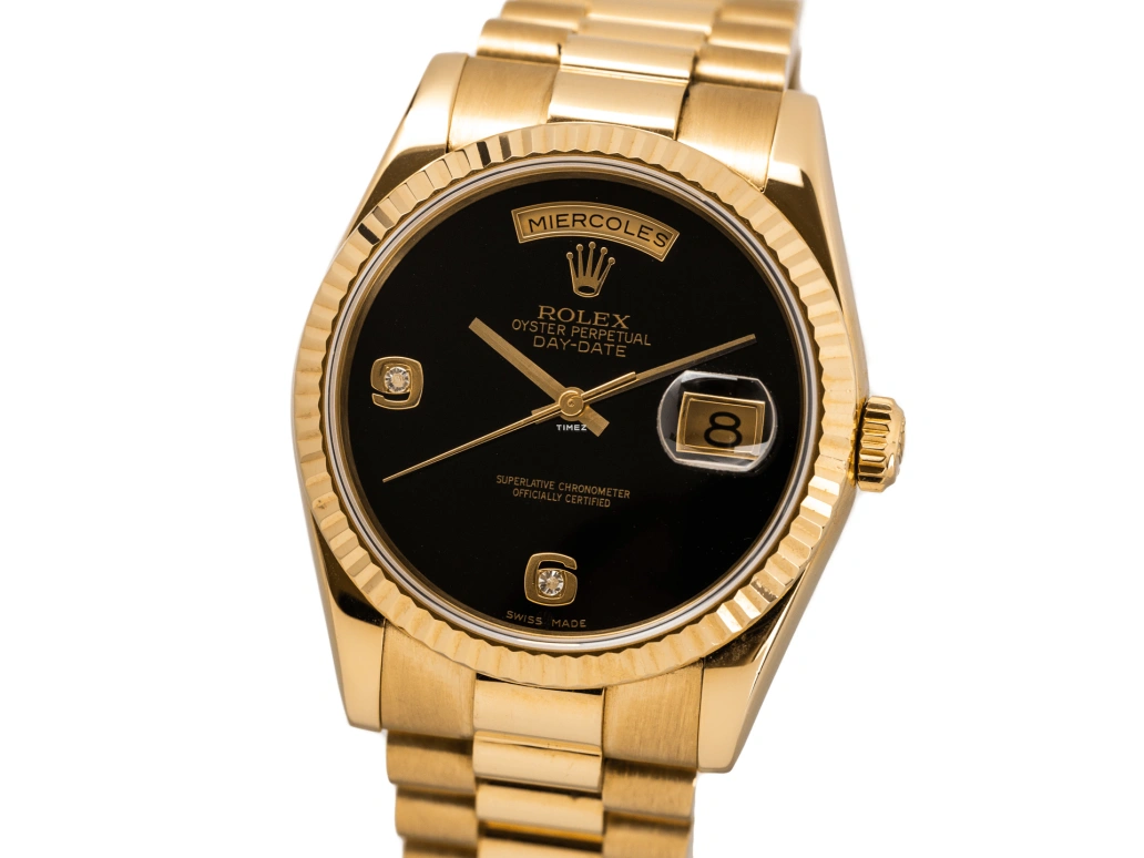 Rolex,Day-Date 36 36mm,36mm,Yellow Gold,Black,Automatic,Date,Day,118238 Onyx Arabic