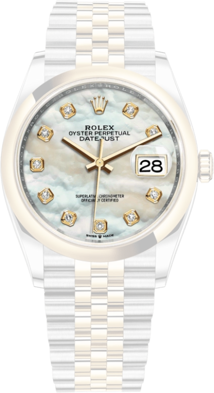 Rolex,Datejust 36 36mm,36mm,Yellow Gold,Stainless Steel,White,Automatic,Day,70hours,126203,126203-0023