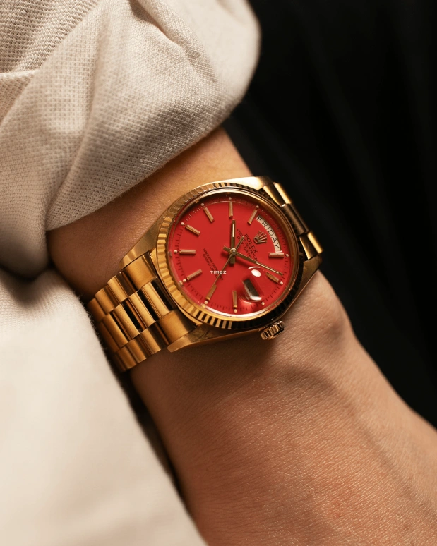 Rolex,Day-Date 36 36mm,36mm,Yellow Gold,Red,Automatic,Date,Day,1803 Stella Coral Red President