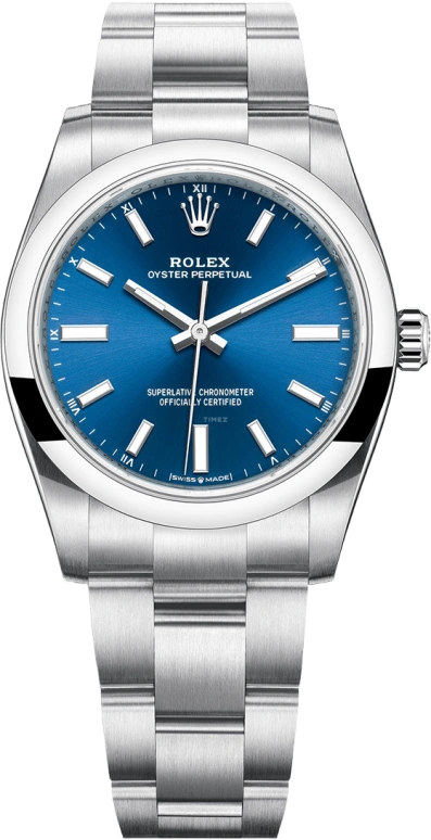 Rolex,Oyster Perpetual 34mm,34mm,Stainless Steel,Blue,Automatic,55hours,In-house Caliber,124200,124200-0003
