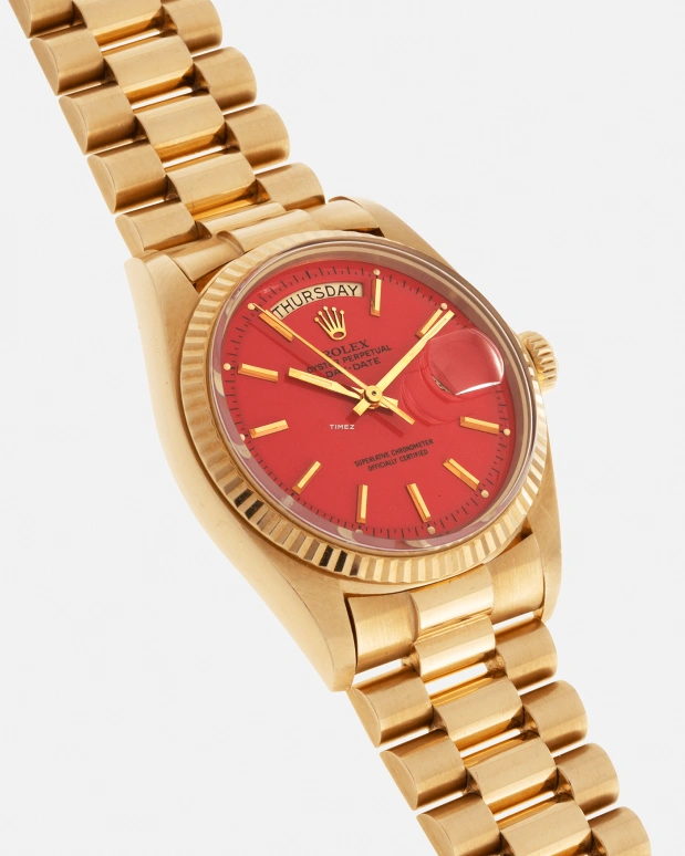 Rolex,Day-Date 36 36mm,36mm,Yellow Gold,Red,Automatic,Date,Day,1803 Stella Coral Red President