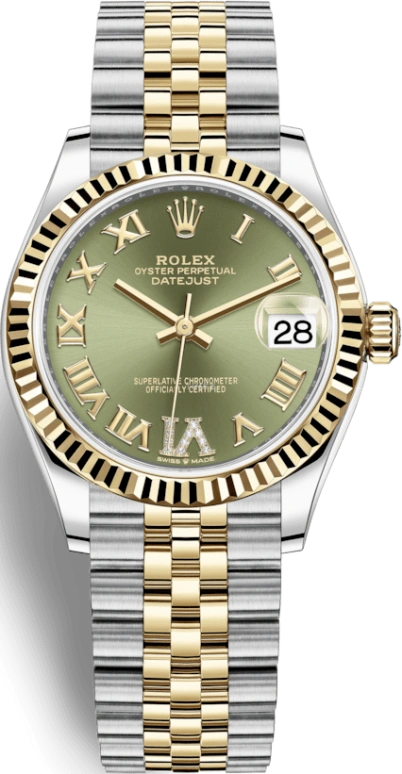 Rolex,Datejust 31 31mm,31mm,Yellow Gold,Stainless Steel,Green,Automatic,Day,55hours,278273,278273-0016