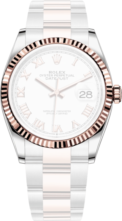 Rolex,Datejust 36 36mm,36mm,Rose Gold,Stainless Steel,White,Automatic,Day,70hours,126231,126231-0016