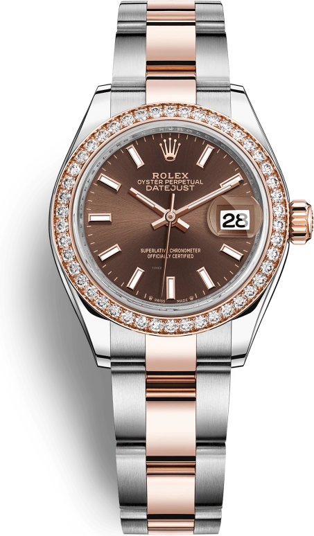 Rolex,Lady-Datejust 28mm,28mm,Rose Gold,Stainless Steel,Brown,Chocolate,Automatic,Day,55hours,279381RBR,279381RBR-0018