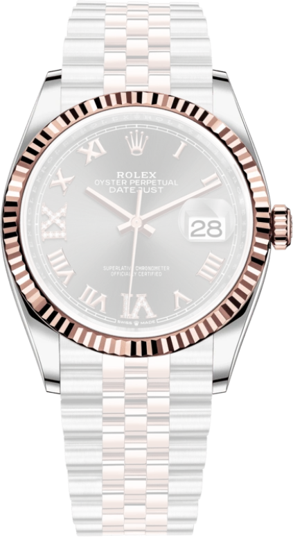 Rolex,Datejust 36 36mm,36mm,Rose Gold,Stainless Steel,Grey,Automatic,Day,70hours,126231,126231-0023