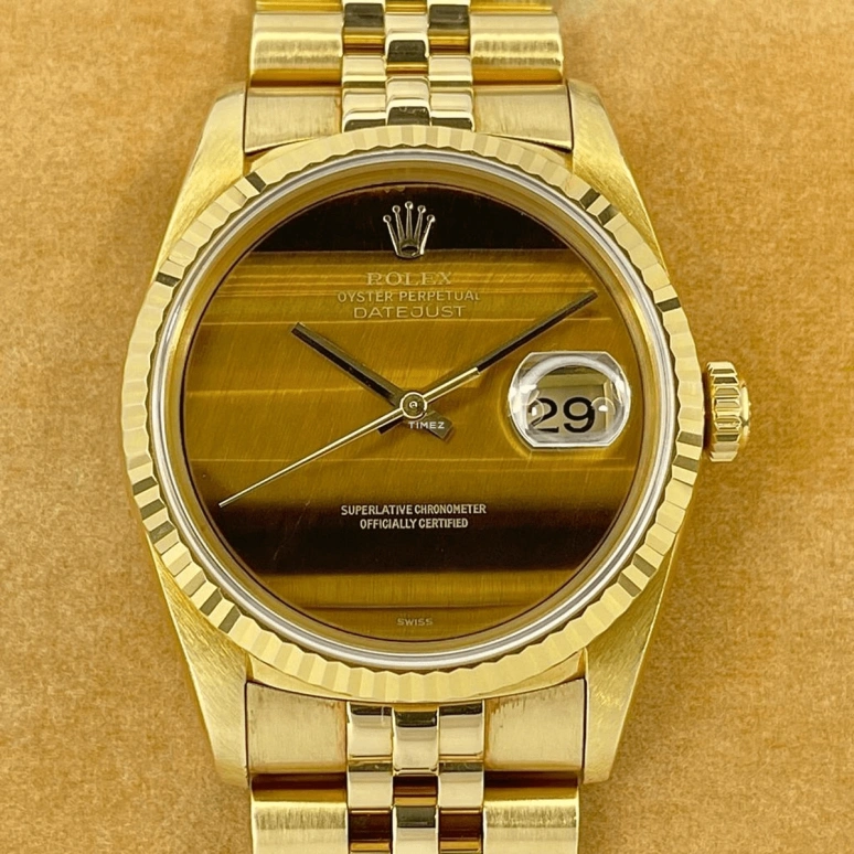 Rolex,Datejust 36 36mm,36mm,Yellow Gold,Black,Brown,Yellow,Automatic,Day,48hours,16238 Tiger Eye