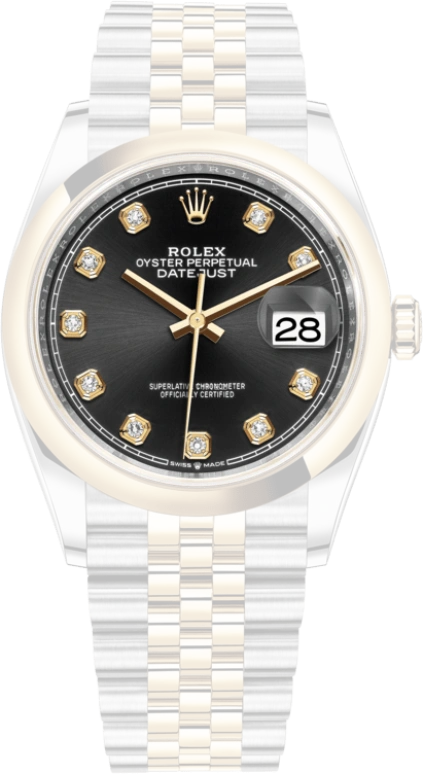 Rolex,Datejust 36 36mm,36mm,Yellow Gold,Stainless Steel,Black,Automatic,Day,70hours,126203,126203-0021