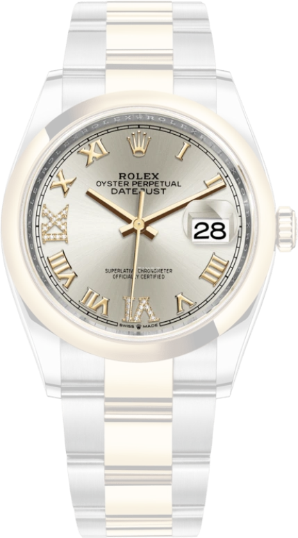 Rolex,Datejust 36 36mm,36mm,Yellow Gold,Stainless Steel,Silver,Automatic,Day,70hours,126203,126203-0032