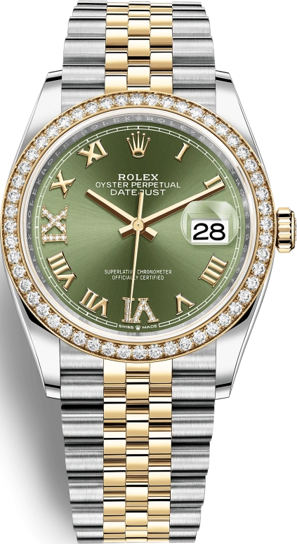 Rolex,Datejust 36 36mm,36mm,Yellow Gold,Stainless Steel,Green,Automatic,Day,70hours,126283RBR,126283RBR-0011