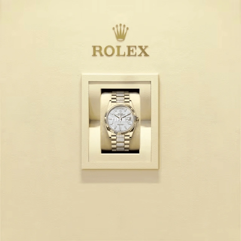 Rolex,Day-Date 36 36mm,36mm,Yellow Gold,Silver White,Automatic,Date,Day,128238,128238-0124