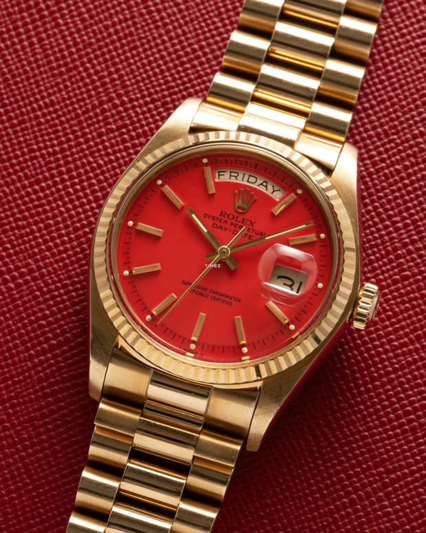 Rolex,Day-Date 36 36mm,36mm,Yellow Gold,Red,Automatic,Date,Day,1803 Stella Coral Red President